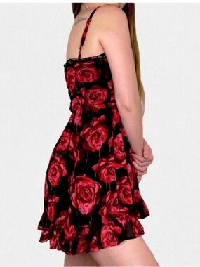 Royal Bones Black Goth Dress with bleeding Red Rose Print lace ruffle details M